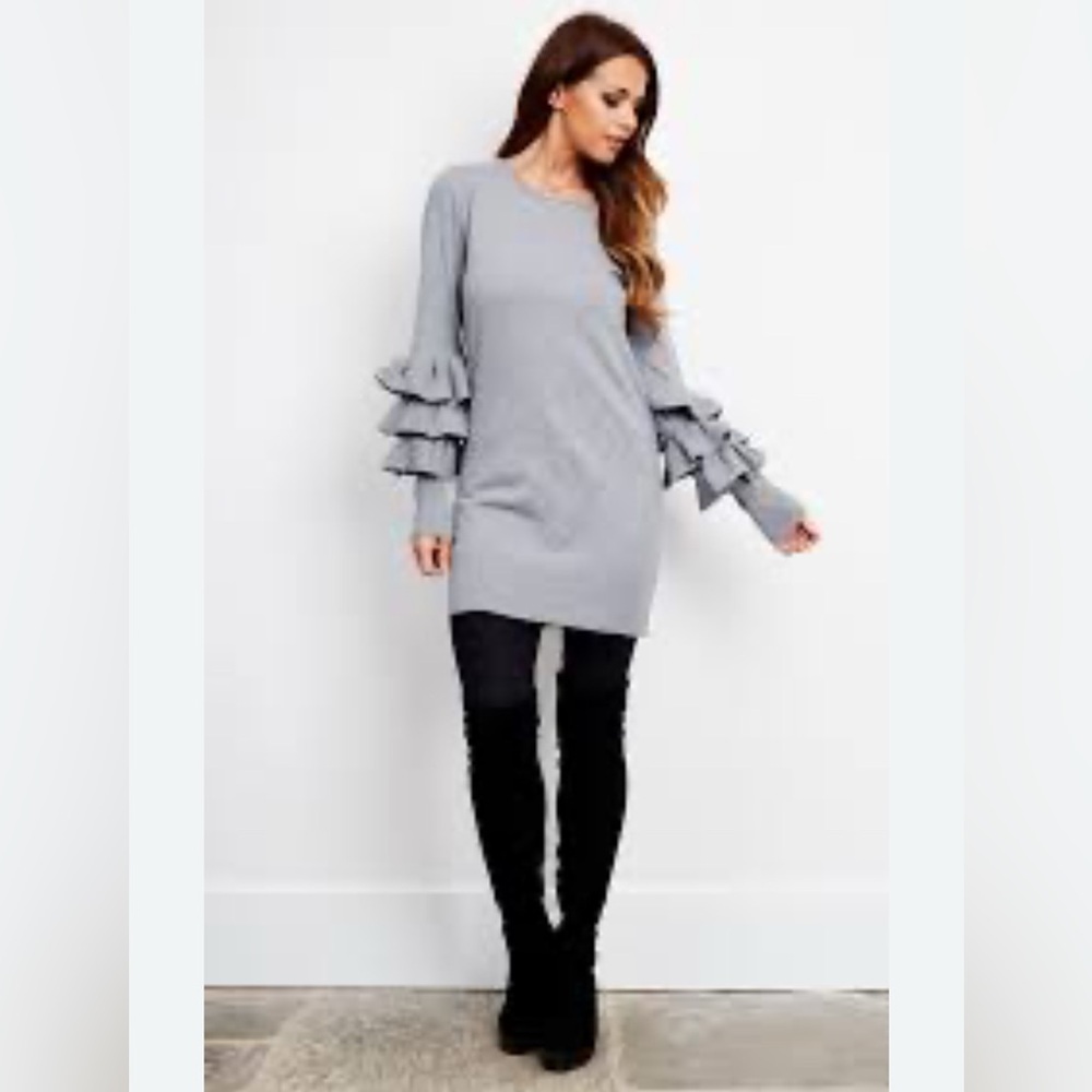 Club Monaco Light Blue Round Neck fine knit 100% merino wool Tiered Sleeve Dress